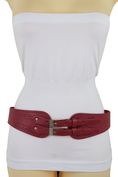Brand New Women Red Elastic Fashion Belt Silver Metal Double Buckle S M
