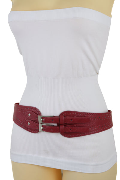 Brand New Women Red Elastic Fashion Belt Silver Metal Double Buckle S M