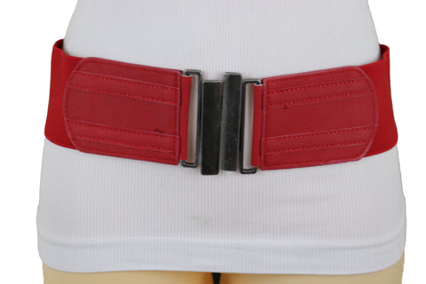 Brand New Women Red Elastic Fashion Wide Belt Silver Metal Buckle Adjustable Size S M