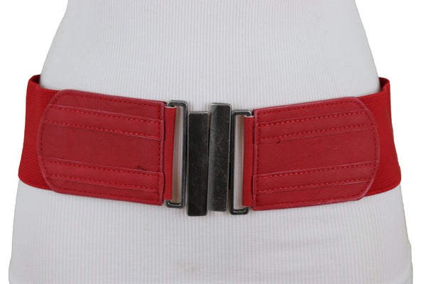 Brand New Women Red Elastic Fashion Wide Belt Silver Metal Buckle Adjustable Size S M
