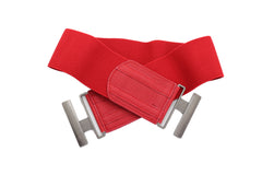 Red Elastic Fashion Wide Belt Silver Metal Buckle Adjustable Size S M
