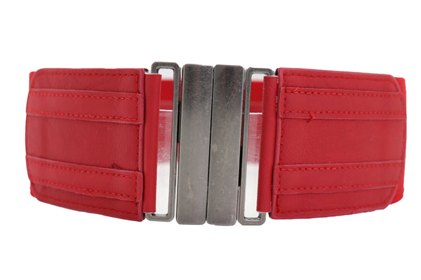 Brand New Women Red Elastic Fashion Wide Belt Silver Metal Buckle Adjustable Size S M