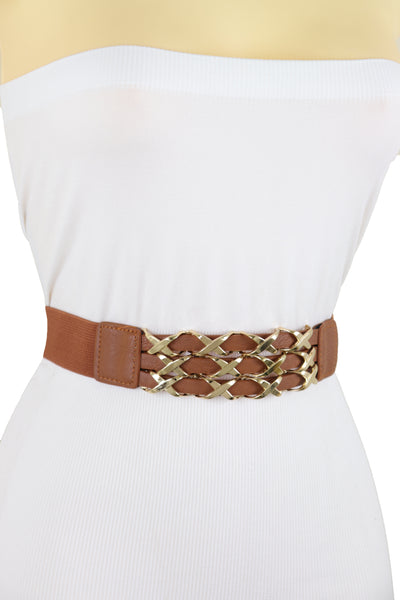 Brand New Women Brown Elastic Fashion Belt Gold Metal XX Charms Fit Size S M