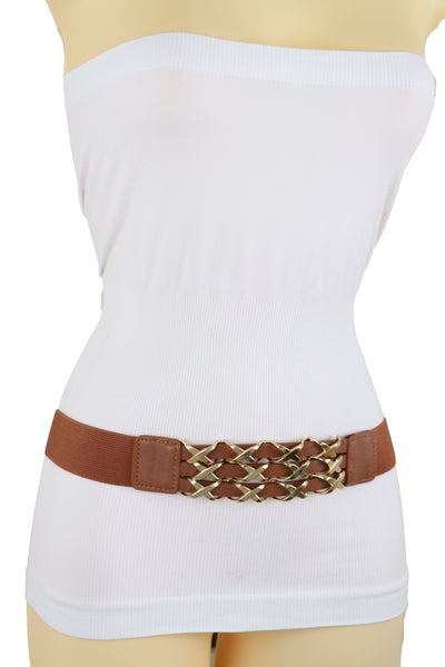 Brand New Women Brown Elastic Fashion Belt Gold Metal XX Charms Fit Size S M