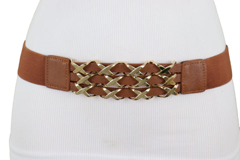 Brand New Women Brown Elastic Fashion Belt Gold Metal XX Charms Fit Size S M