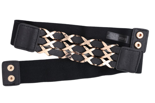 Brand New Women Black Stretch Waistband Fashion Belt Hip Waist Gold Metal XX Charm Fit S M