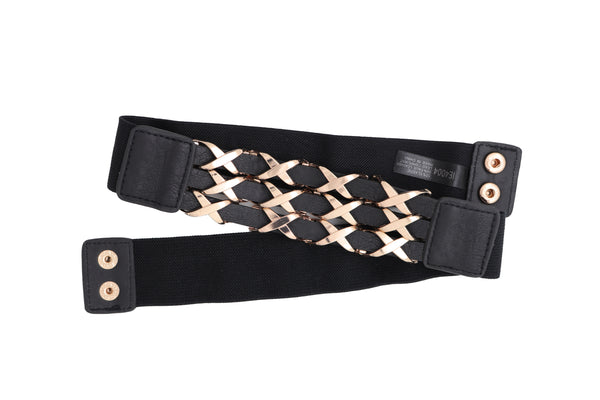 Brand New Women Black Stretch Waistband Fashion Belt Hip Waist Gold Metal XX Charm Fit S M