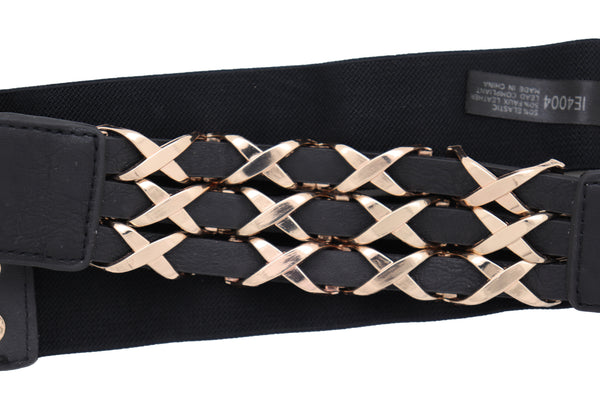 Brand New Women Black Stretch Waistband Fashion Belt Hip Waist Gold Metal XX Charm Fit S M