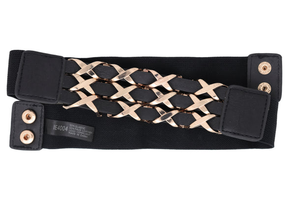 Brand New Women Black Stretch Waistband Fashion Belt Hip Waist Gold Metal XX Charm Fit S M