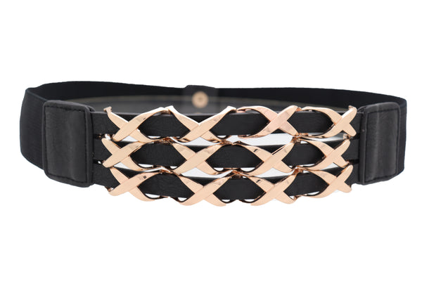 Brand New Women Black Stretch Waistband Fashion Belt Hip Waist Gold Metal XX Charm Fit S M