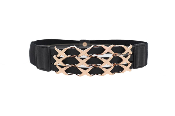 Brand New Women Black Stretch Waistband Fashion Belt Hip Waist Gold Metal XX Charm Fit S M