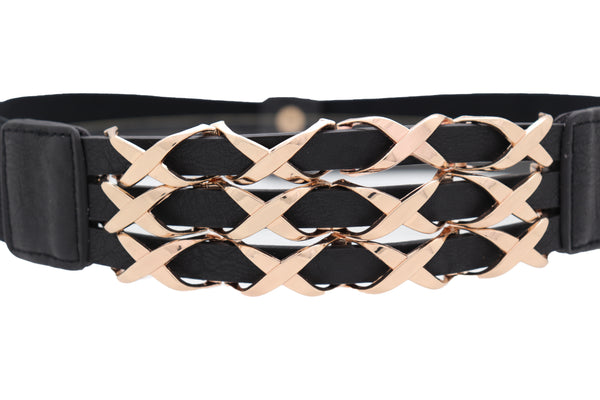 Brand New Women Black Stretch Waistband Fashion Belt Hip Waist Gold Metal XX Charm Fit S M