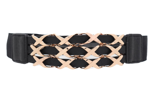 Brand New Women Black Stretch Waistband Fashion Belt Hip Waist Gold Metal XX Charm Fit S M