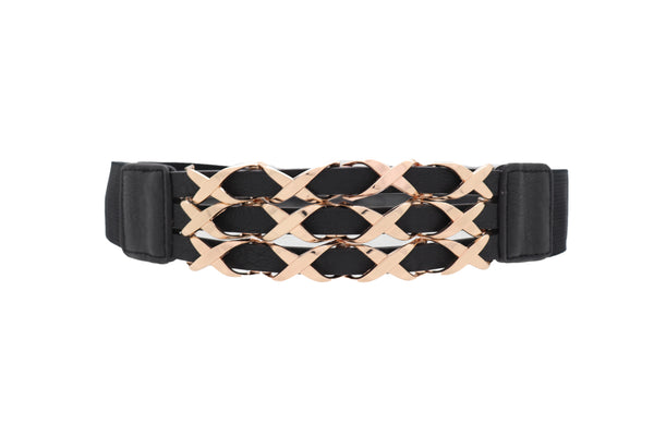 Brand New Women Black Stretch Waistband Fashion Belt Hip Waist Gold Metal XX Charm Fit S M