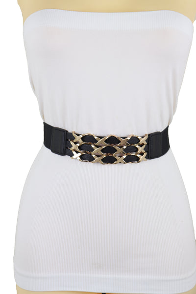 Brand New Women Black Stretch Waistband Fashion Belt Hip Waist Gold Metal XX Charm Fit S M