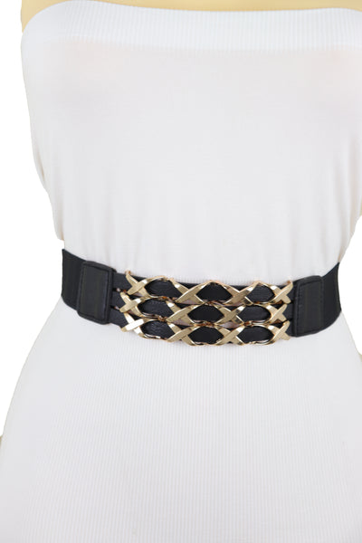 Brand New Women Black Stretch Waistband Fashion Belt Hip Waist Gold Metal XX Charm Fit S M