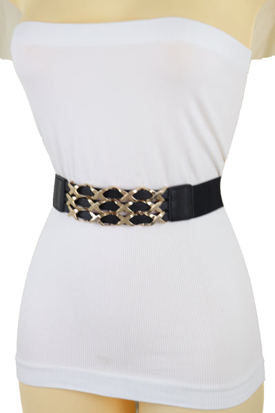 Brand New Women Black Stretch Waistband Fashion Belt Hip Waist Gold Metal XX Charm Fit S M