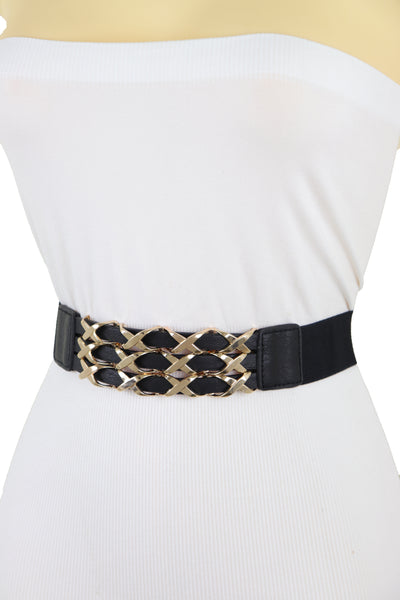 Brand New Women Black Stretch Waistband Fashion Belt Hip Waist Gold Metal XX Charm Fit S M