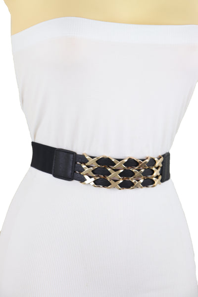Brand New Women Black Stretch Waistband Fashion Belt Hip Waist Gold Metal XX Charm Fit S M