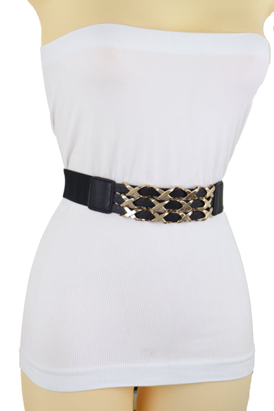 Brand New Women Black Stretch Waistband Fashion Belt Hip Waist Gold Metal XX Charm Fit S M