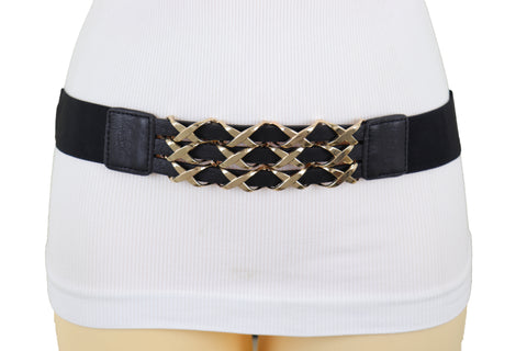 Brand New Women Black Stretch Waistband Fashion Belt Hip Waist Gold Metal XX Charm Fit S M