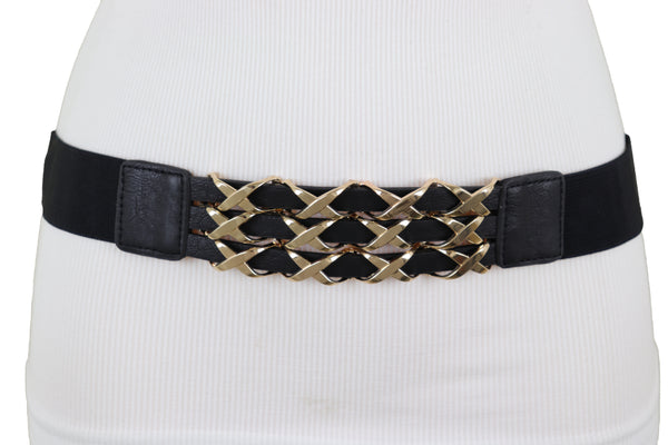 Brand New Women Black Stretch Waistband Fashion Belt Hip Waist Gold Metal XX Charm Fit S M