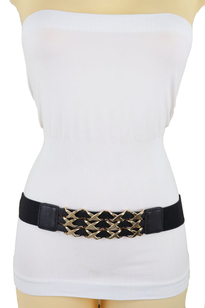 Brand New Women Black Stretch Waistband Fashion Belt Hip Waist Gold Metal XX Charm Fit S M