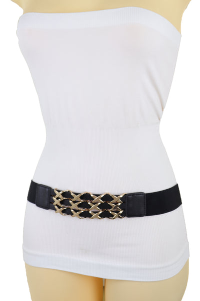 Brand New Women Black Stretch Waistband Fashion Belt Hip Waist Gold Metal XX Charm Fit S M