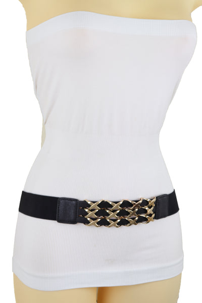 Brand New Women Black Stretch Waistband Fashion Belt Hip Waist Gold Metal XX Charm Fit S M
