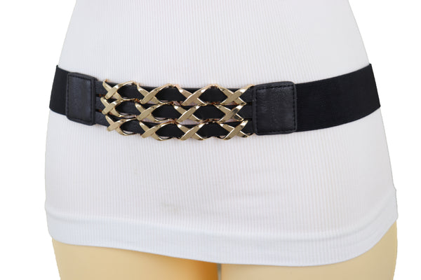 Brand New Women Black Stretch Waistband Fashion Belt Hip Waist Gold Metal XX Charm Fit S M