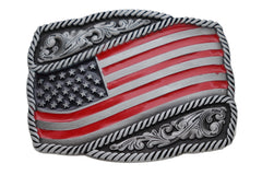 Silver Filigree USA Flag Rectangle Metal Belt Buckle