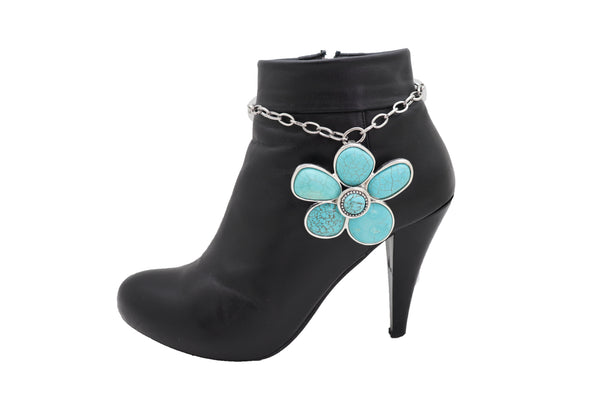 Brand New Women Silver Metal Chain Boot Bracelet Ethnic Shoe Turquoise Blue Flower Charm