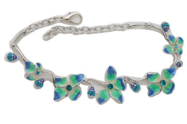 Brand New Women Silver Metal Chain Boot Bracelet Shoe Anklet Fun Blue Flower Elegant Charm