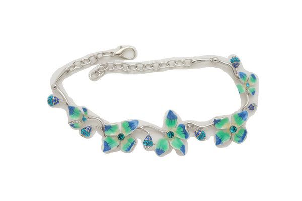 Brand New Women Silver Metal Chain Boot Bracelet Shoe Anklet Fun Blue Flower Elegant Charm