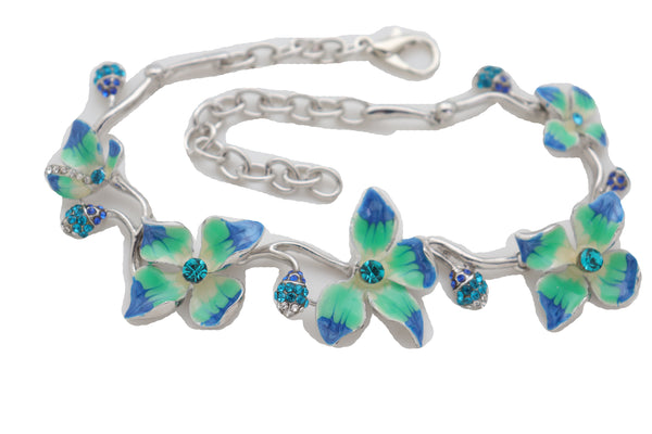 Brand New Women Silver Metal Chain Boot Bracelet Shoe Anklet Fun Blue Flower Elegant Charm