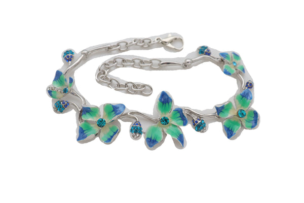 Brand New Women Silver Metal Chain Boot Bracelet Shoe Anklet Fun Blue Flower Elegant Charm