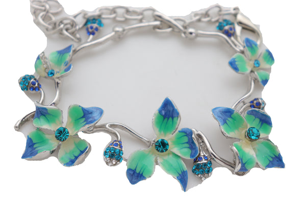 Brand New Women Silver Metal Chain Boot Bracelet Shoe Anklet Fun Blue Flower Elegant Charm