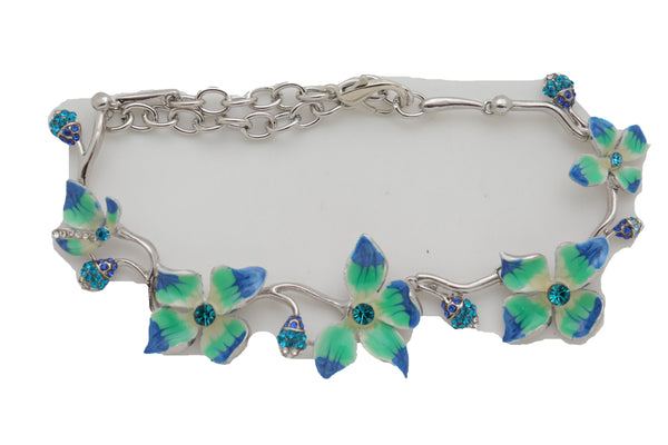 Brand New Women Silver Metal Chain Boot Bracelet Shoe Anklet Fun Blue Flower Elegant Charm