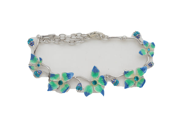Brand New Women Silver Metal Chain Boot Bracelet Shoe Anklet Fun Blue Flower Elegant Charm