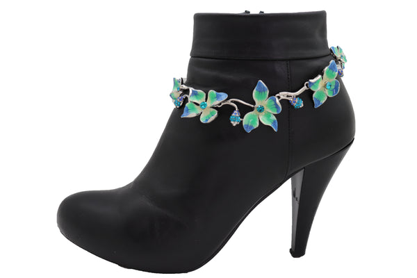 Brand New Women Silver Metal Chain Boot Bracelet Shoe Anklet Fun Blue Flower Elegant Charm