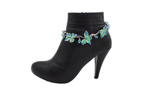 Brand New Women Silver Metal Chain Boot Bracelet Shoe Anklet Fun Blue Flower Elegant Charm