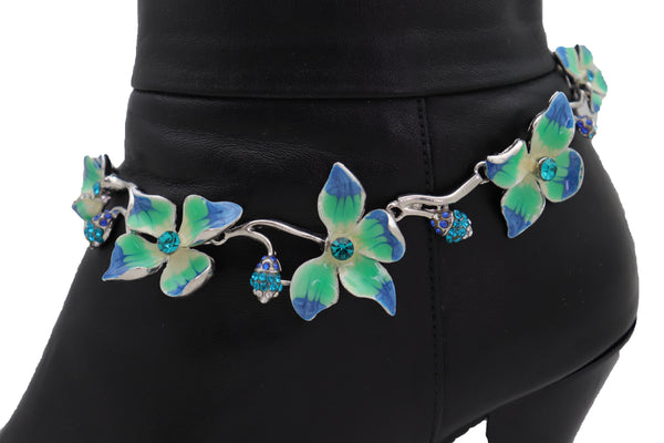 Brand New Women Silver Metal Chain Boot Bracelet Shoe Anklet Fun Blue Flower Elegant Charm