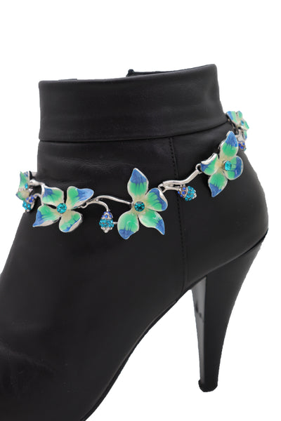 Brand New Women Silver Metal Chain Boot Bracelet Shoe Anklet Fun Blue Flower Elegant Charm