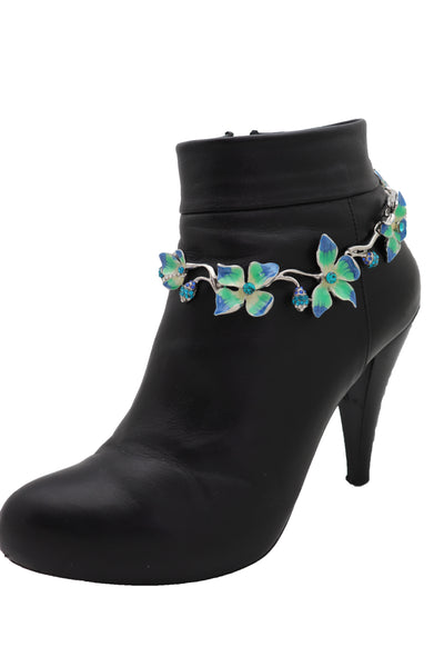 Brand New Women Silver Metal Chain Boot Bracelet Shoe Anklet Fun Blue Flower Elegant Charm