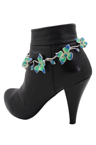 Brand New Women Silver Metal Chain Boot Bracelet Shoe Anklet Fun Blue Flower Elegant Charm