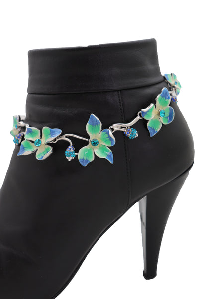 Brand New Women Silver Metal Chain Boot Bracelet Shoe Anklet Fun Blue Flower Elegant Charm