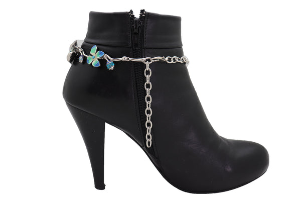 Brand New Women Silver Metal Chain Boot Bracelet Shoe Anklet Fun Blue Flower Elegant Charm