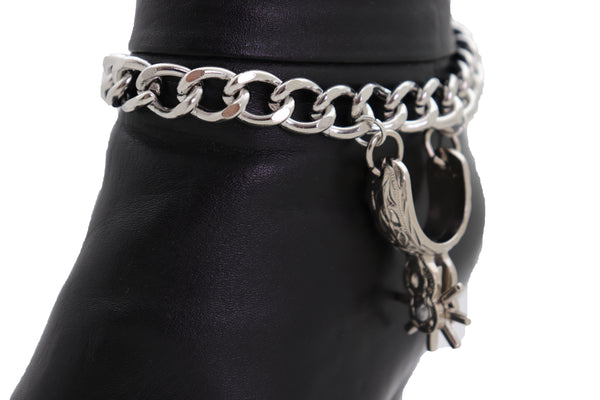 Brand New Women Silver Metal Chain Boot Bracelet Western Shoe Horse Spurs Charm Cowgirls