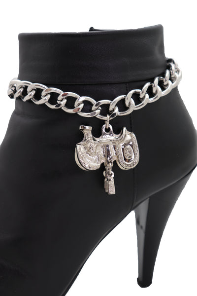 Brand New Women Silver Metal Chain Boot Bracelet Western Shoe Anklet Horse Saddle Charm