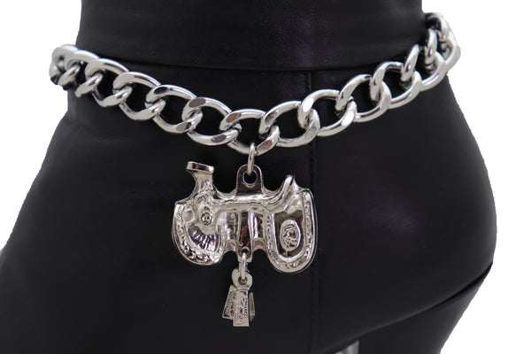 Brand New Women Silver Metal Chain Boot Bracelet Western Shoe Anklet Horse Saddle Charm